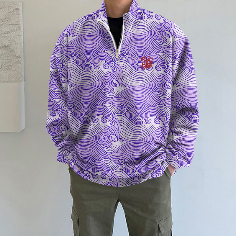 The Silent Dance Of Waves Japanese Art Print Long Sleeve Zipper Sweatshirt - Purple - 5XL - image 3