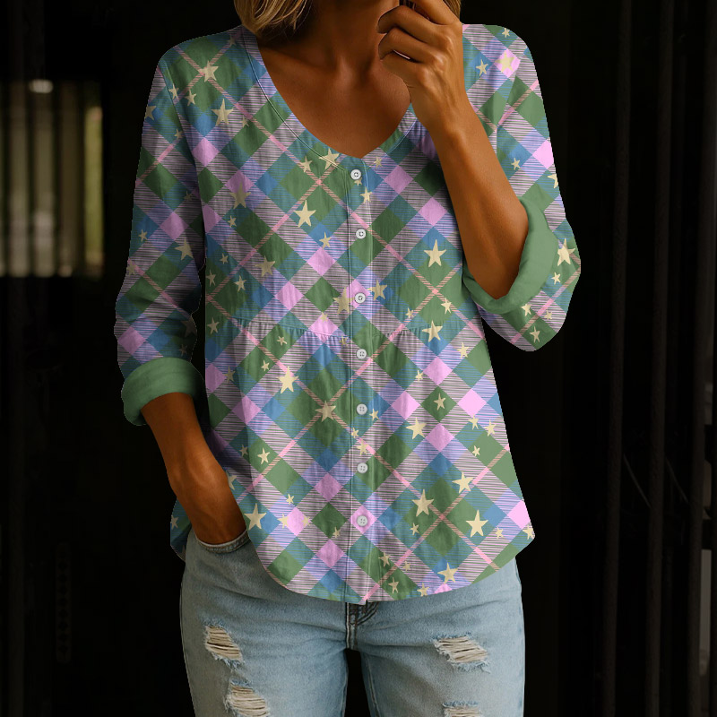 Retro Contact Plaid Star Art Print Button V-neck A-line Long Sleeve Blouse - Green - 4XL - image 1