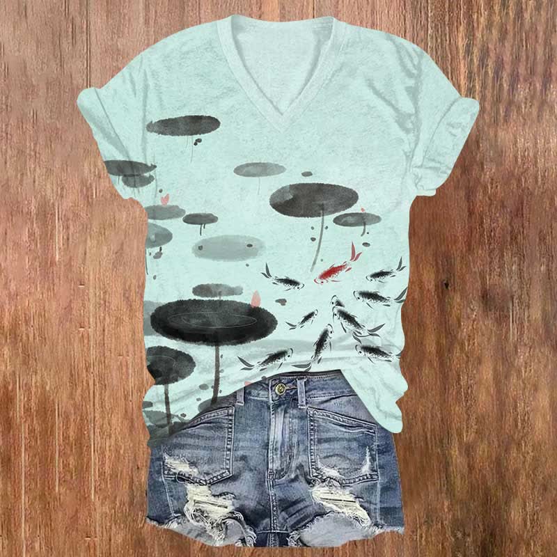 Japanese Ink Watercolor Lotus Leaf & Koi Carp Print V-neck T-shirt - Light Blue - US32-34(5XL) - image 2