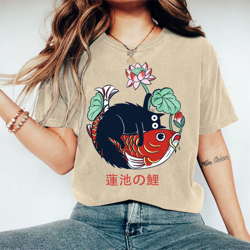100% Cotton Women's Japanese Lotus Pond Koi & Black Cat Art Print Casual T-shirt - Khaki - 2XL - image 5