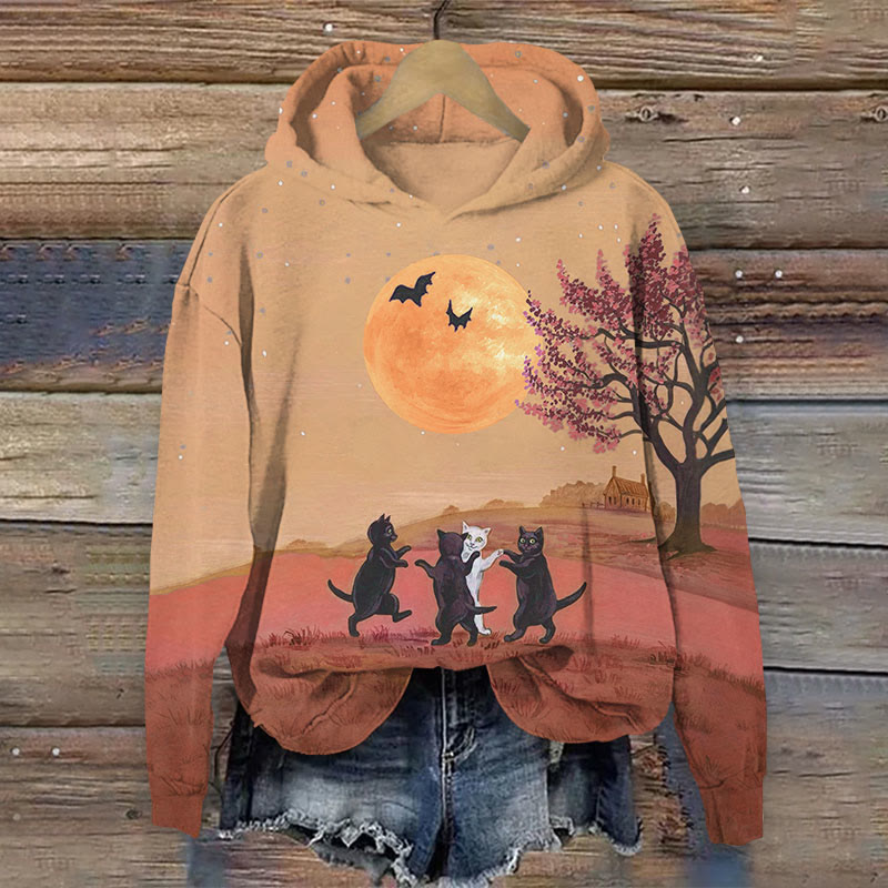 Halloween Cat & Bats Print Long Sleeve Hoodie - Camel - US44-46(8XL) - image 2