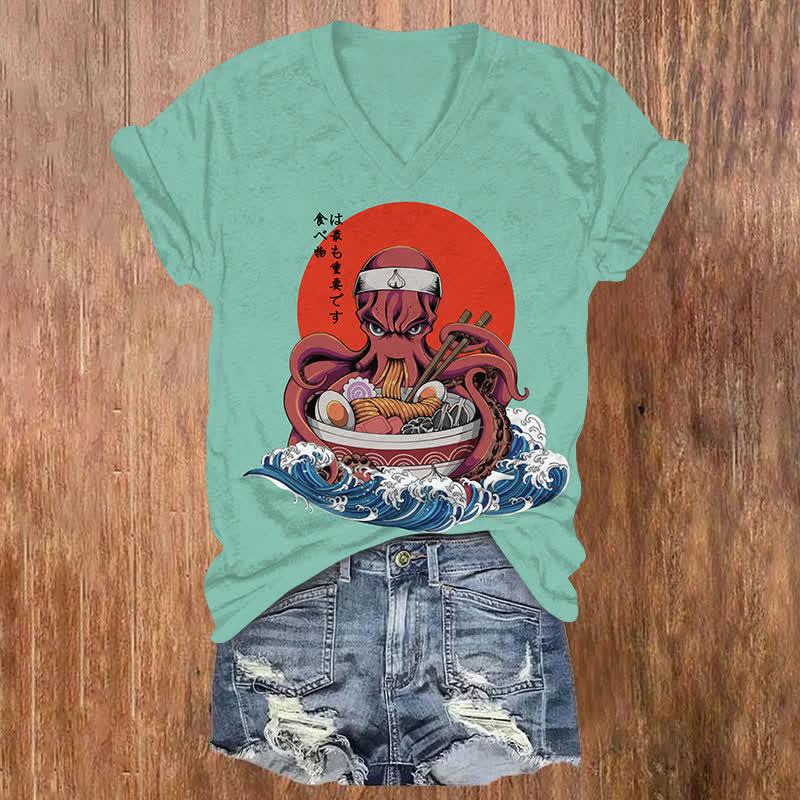 Japanese Funny Octopus Eating Ramen Art Print V-neck T-shirt - Green - US32-34(5XL) - image 3