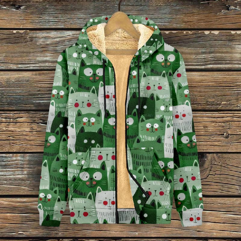 Women's Lovely Stacked Cartoon Cats Print Fleece Jacket - image 2
