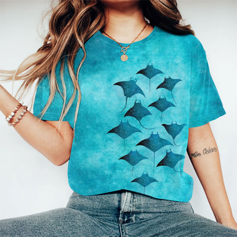 Vintage Manta Ray Art Print Casaul T-shirt - Blue - 8XL - image 1