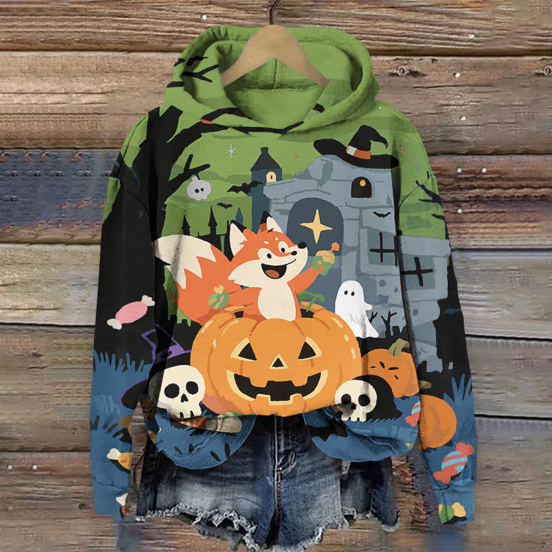 Halloween Cartoon Fox In A Pumpkin Print Long Sleeve Hoodie - Green - US44-46(8XL) - image 4