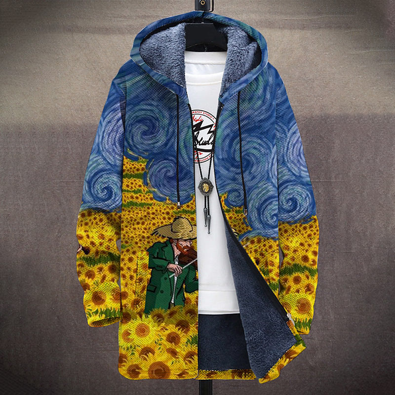 Famous Oil Painting Starry Sky And Sunflower Field Print Unisex Plush Thick Long-sleeved Fleece Jacket Coat - image 2
