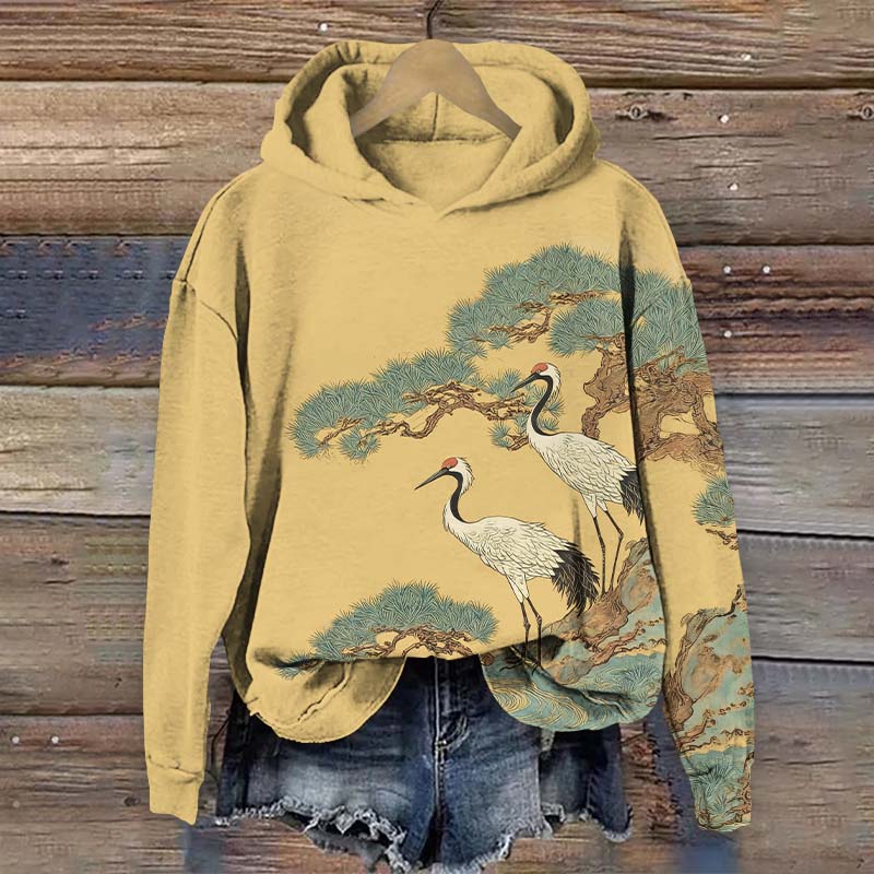 Japanese Vintage White Crane Standing On Pine Tree Art Print Long Sleeve Hoodie - Yellow - US44-46(8XL) - image 3
