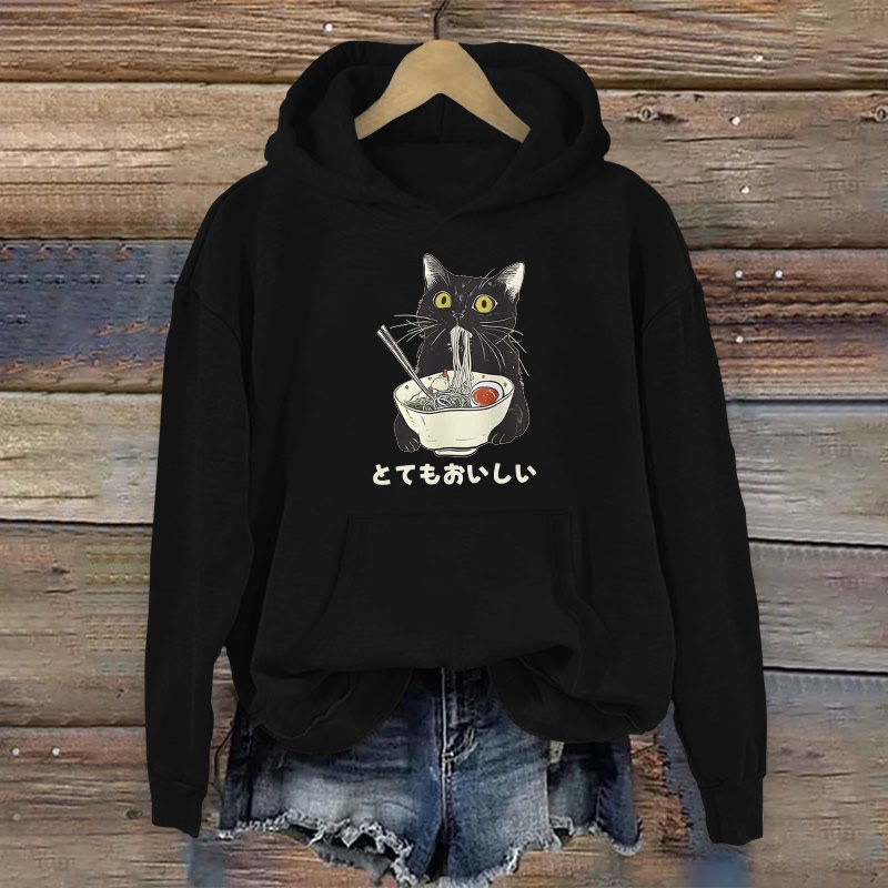 100% Cotton Cats Eat Ramen Noodles Print Women's Hoodie - Black - 2XL - image 3