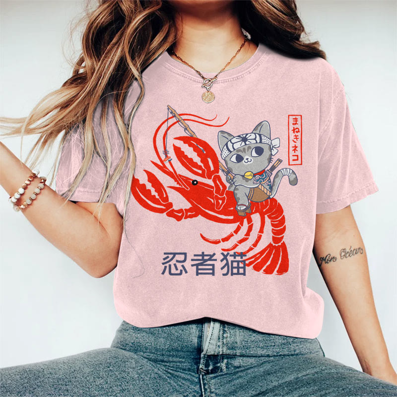 100% Cotton Women's Japanese Ninja Cat Riding Lobster Art Print Casual T-shirt - Pink - 2XL - image 3