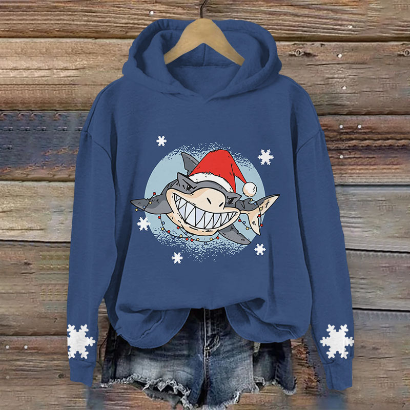 Shark Wearing Santa Hat Christmas Print Long Sleeve Hoodie - Blue - US44-46(8XL) - image 4