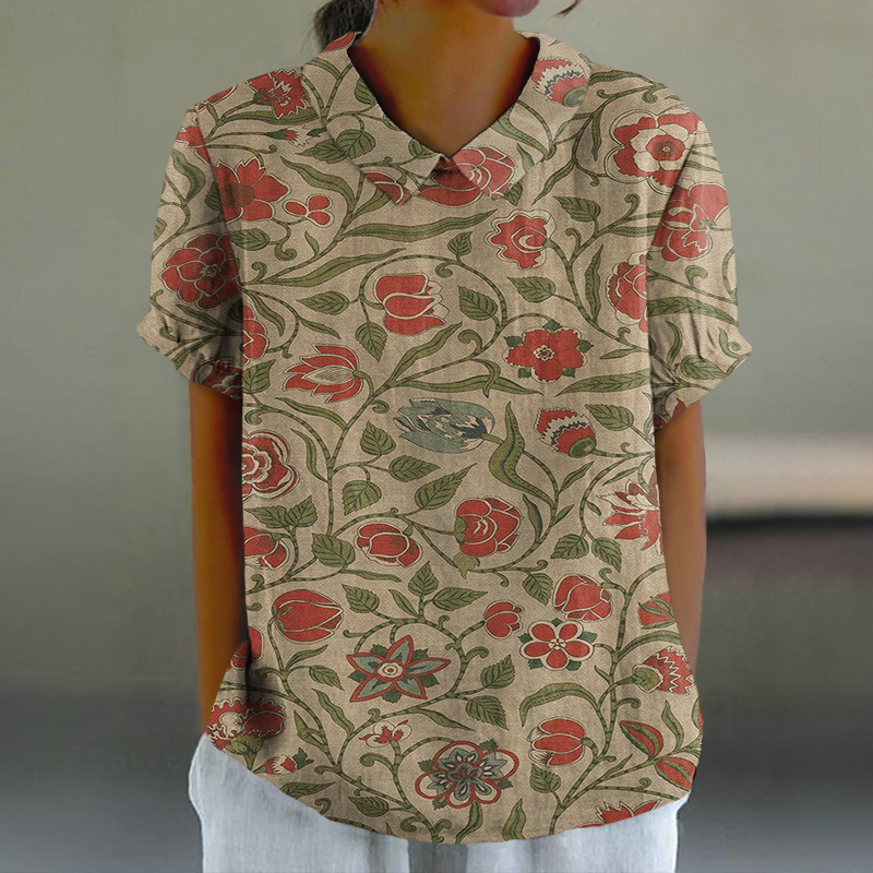 Retro Red Floral Art Print Casual Lapel Loose Blouse - Khaki - 6XL - image 1