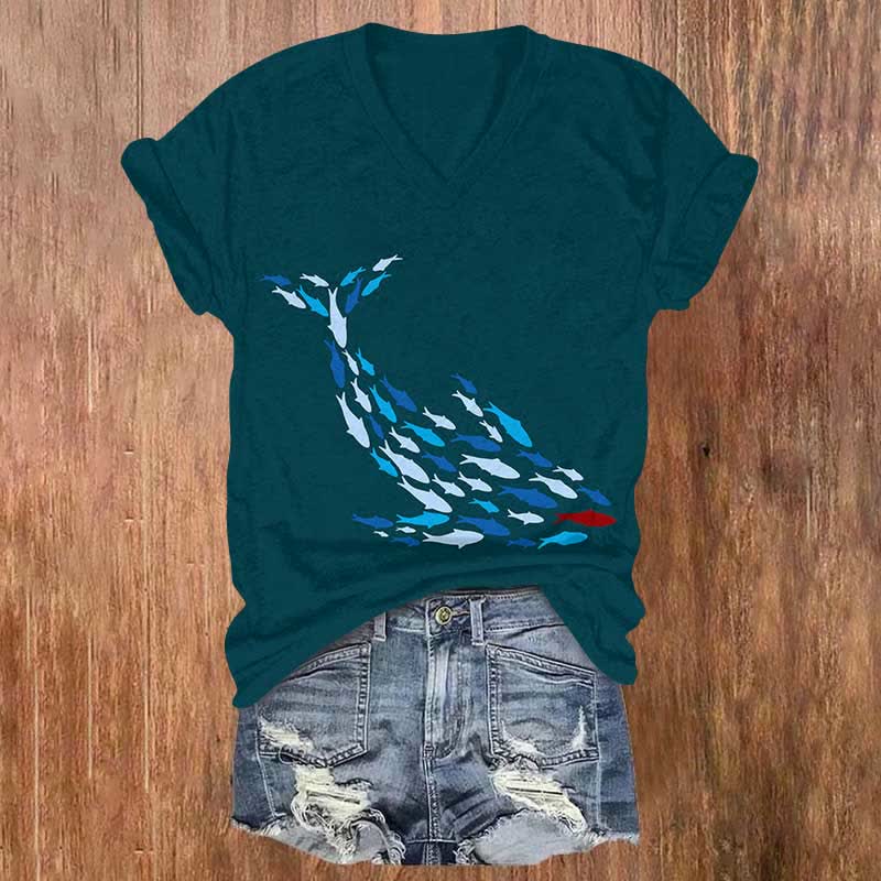 Vintage Fish School Whales Art Print V-neck T-shirt - Green - US32-34(5XL) - image 2