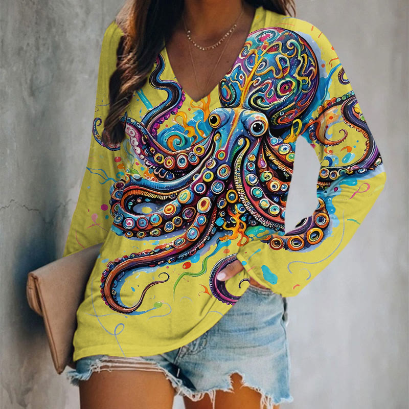 Vintage Rainbow Octopus Art Print Long Sleeve T-shirt - Yellow - 5XL - image 5