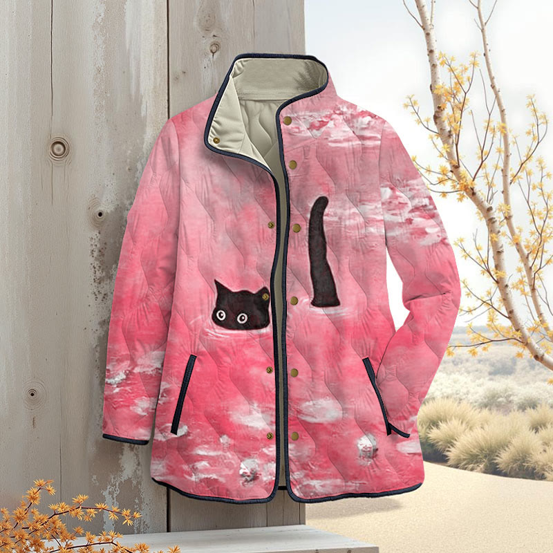 Women's Oil Painting Cat Print Outerwear Jackets - Pink - 4XL - image 4