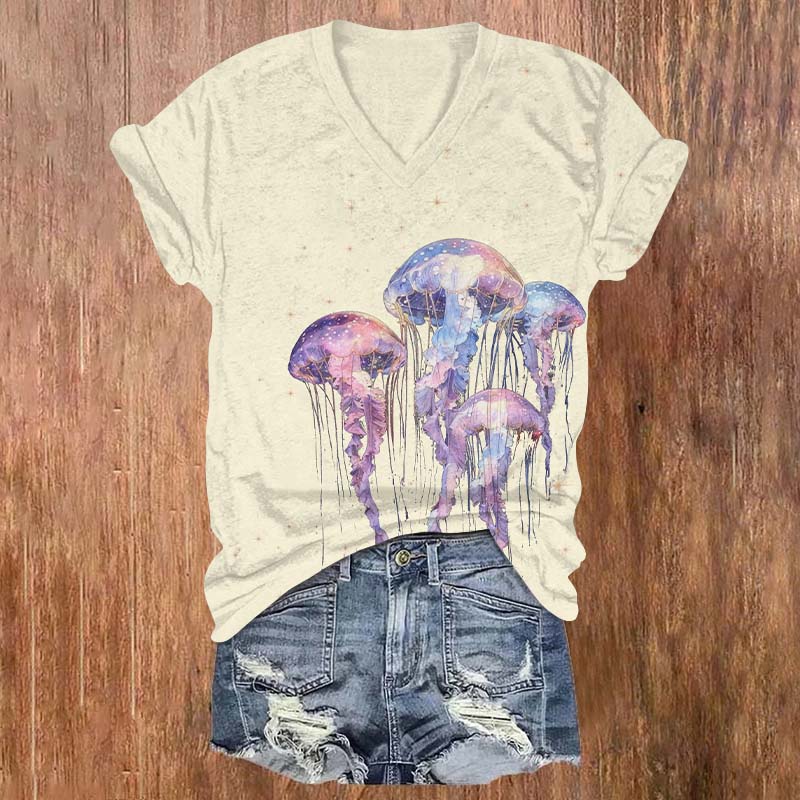 Vintage Starry Fantasy Glowing Jellyfish Print V-neck T-shirt - Apricot - US32-34(5XL) - image 4
