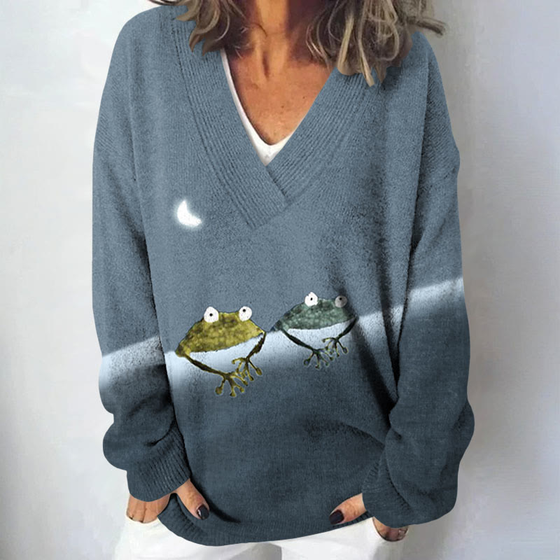 Simple Frog Color Block Print Causal V-neck Pullover Sweater - Blue - 4XL - image 4