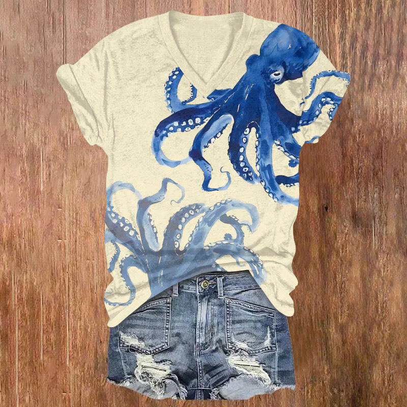 Japanese Watercolor Mini Octopus Print Short Sleeved V-neck T-shirt - Yellow - US32-34(5XL) - image 4