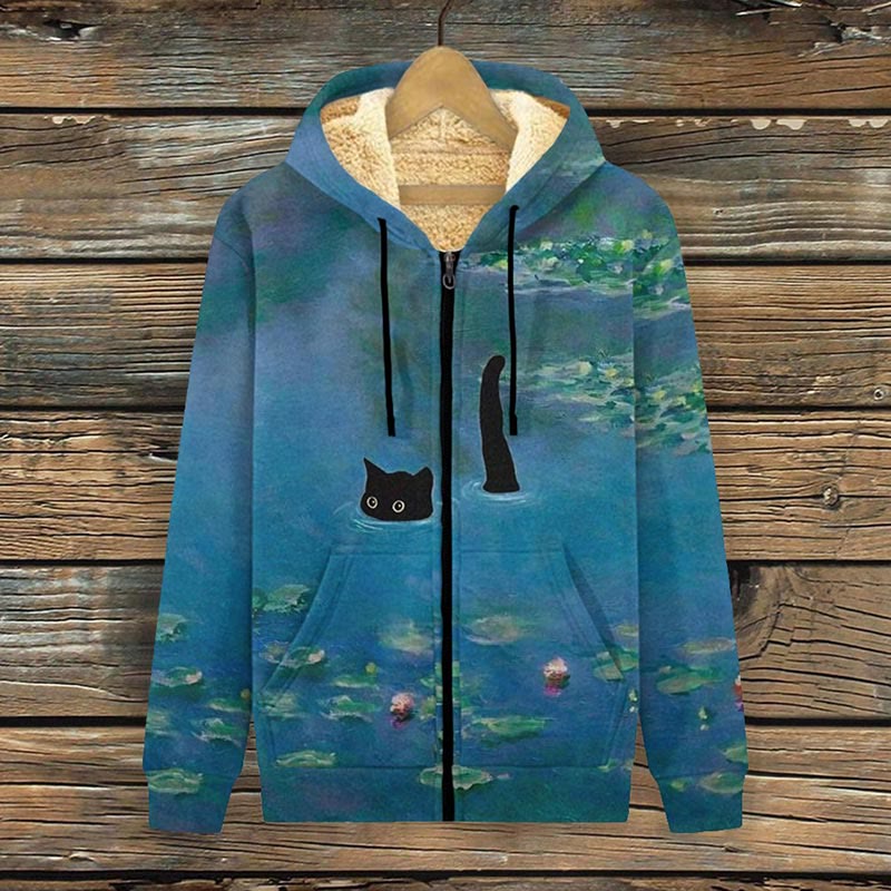 Women's Oil Painting Cat Print Fleece Jacket - Blue - 4XL - image 1