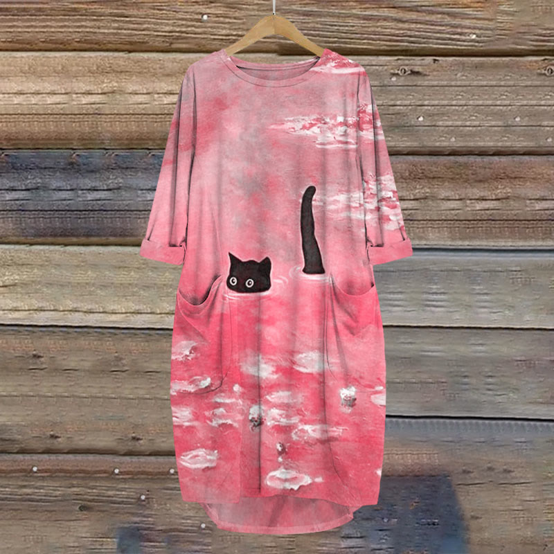 Women's Oil Painting Cat Print Crew Neck Dress - Pink - 8XL - image 5