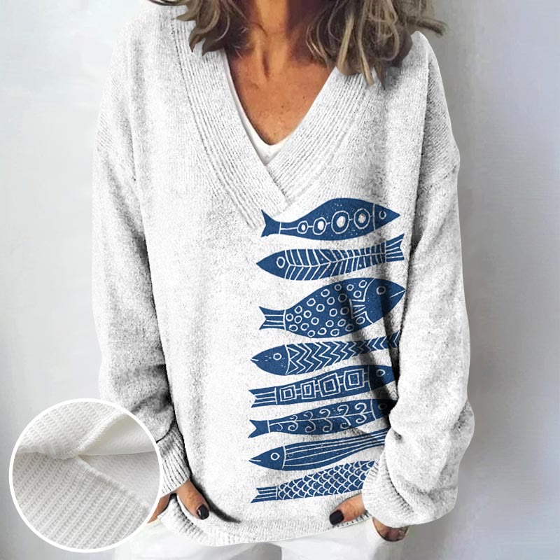 Fish Japanese Lino Art print causal V-neck Pullover Sweater - image 6
