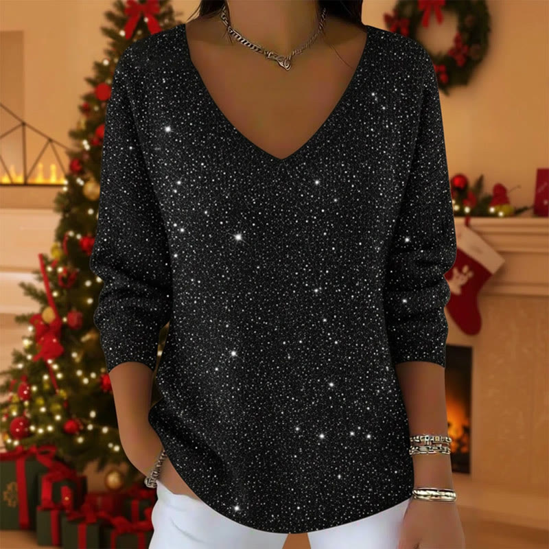 Glossy Christmas V-neck Long Sleeved Sweater - Black - 5XL - image 5
