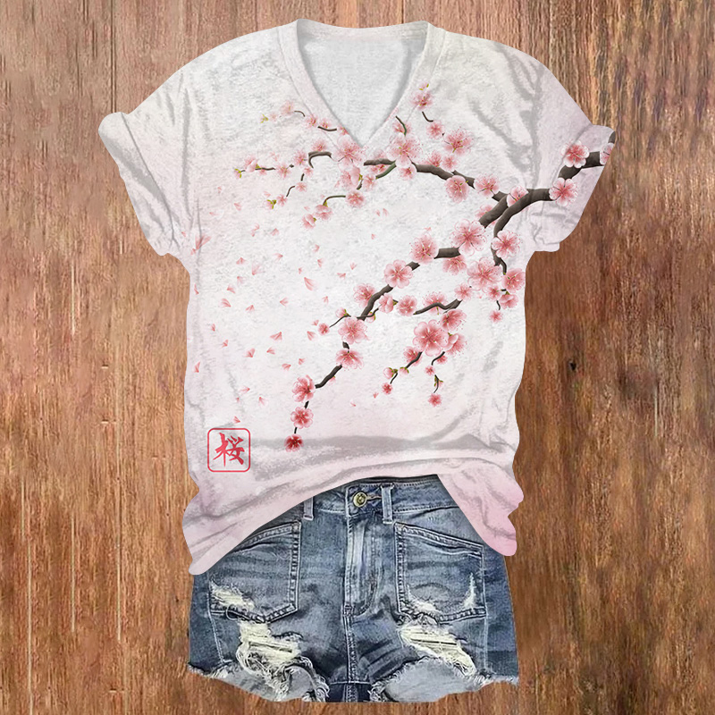 Japanese Cute Pink Sakura Print Short Sleeved V-neck T-shirt - Light Pink - US32-34(5XL) - image 1