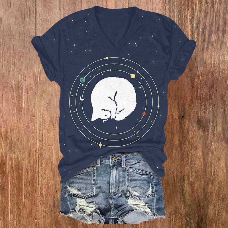 Vintage Planet Sleeping Cat Print V-neck T-shirt - Dark Blue - US32-34(5XL) - image 3
