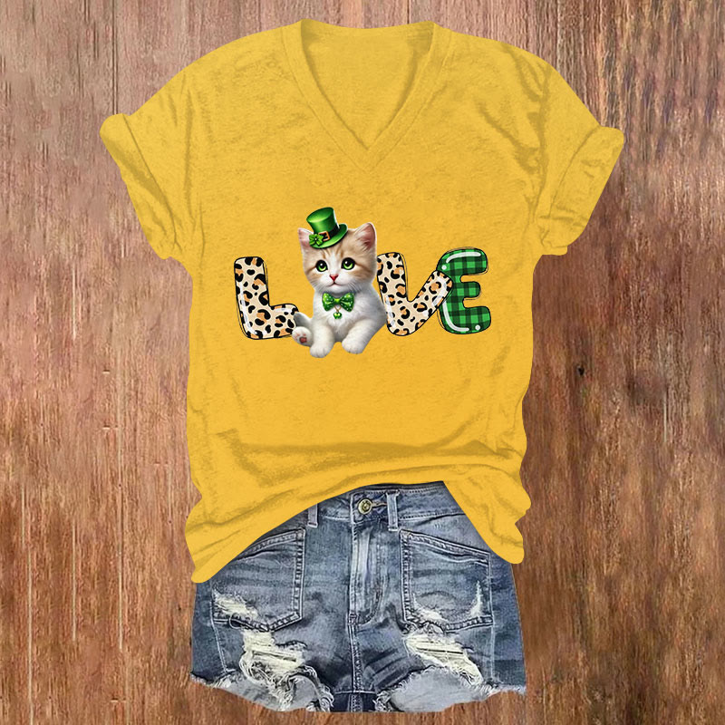 St. Patrick's Day LOVE Kitten Print Short Sleeved V-neck T-shirt - Yellow - US32-34(5XL) - image 4