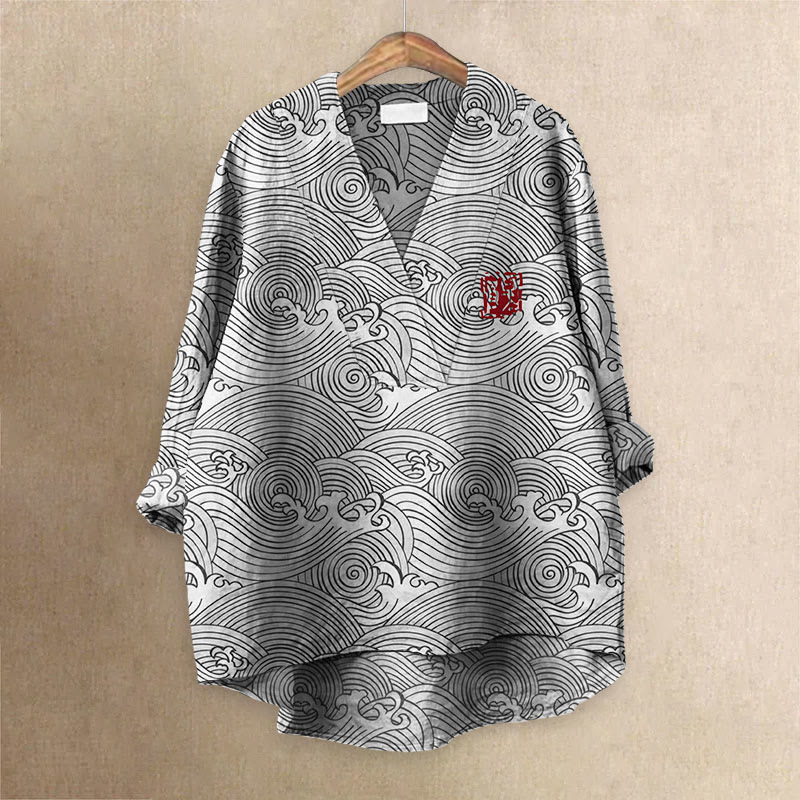 Sea Waves Japanese Art Printed Casual V-neck Blouse - Light Gray - 6XL - image 2