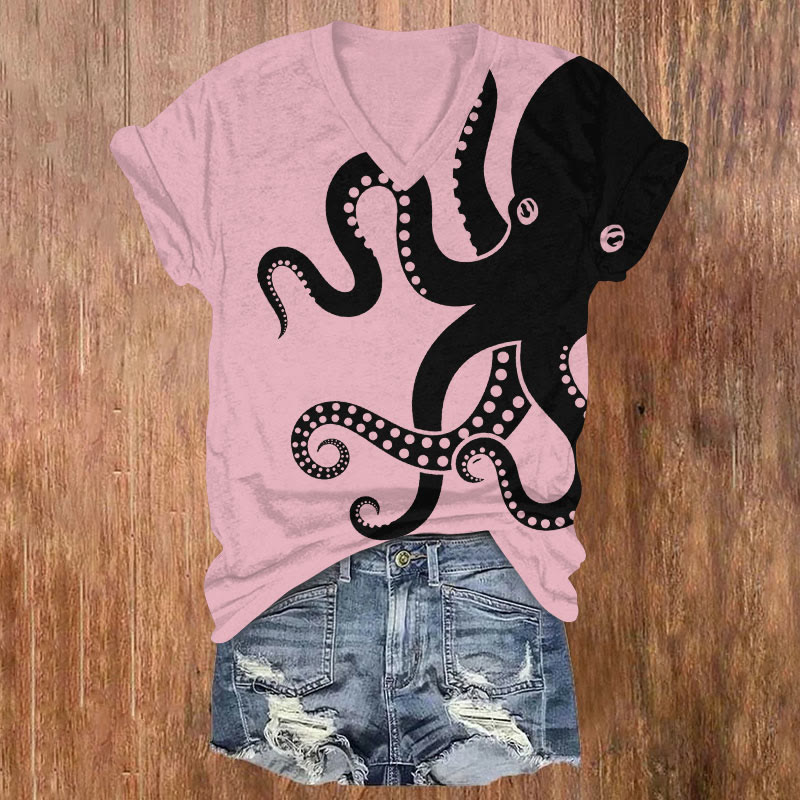 Japanese Funny Abstract Octopus Art Print T-shirt - Pink - US32-34(5XL) - image 5