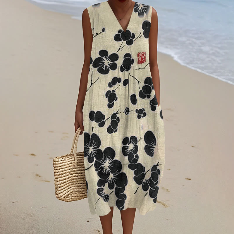 Cherry Blossom Japanese Lino Art Vintage Print V-neck Sleeveless Dress - Black - 5XL - image 2