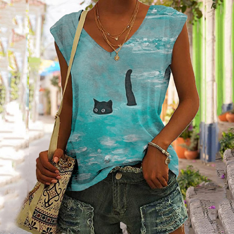 Women's Oil Painting Cat Print V-neck Tank Top - Light Blue - 5XL - image 3
