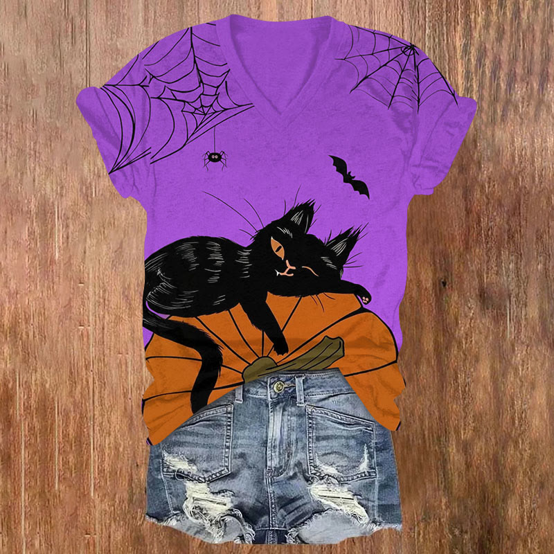 Halloween Cats & Pumpkin Print V-neck T-shirt - Purple - US32-34(5XL) - image 2