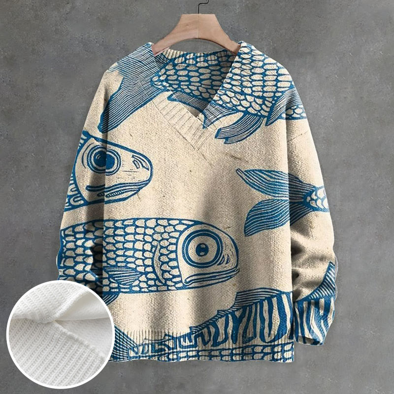 Blue Minimalist Line Fish Print Causal V-neck Pullover Unisex Sweater - image 4