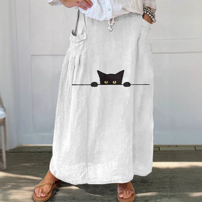 Women's Casual Black Cat Print Casual Pocket Skirt - White - 5XL - image 3