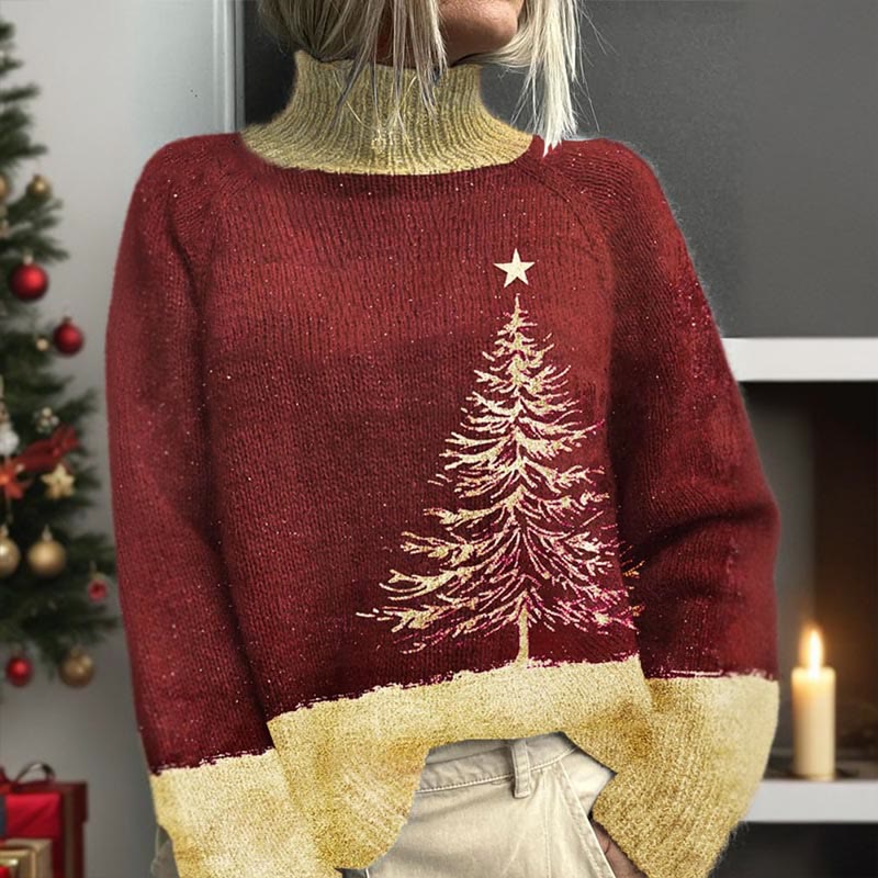 Lovely Star Christmas Tree Print Turtleneck Pullover Sweater - image 2