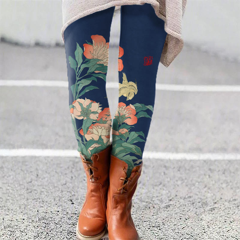 Japense Vintage Wise Floral Print Leggings - Dark Blue - 5XL - image 4
