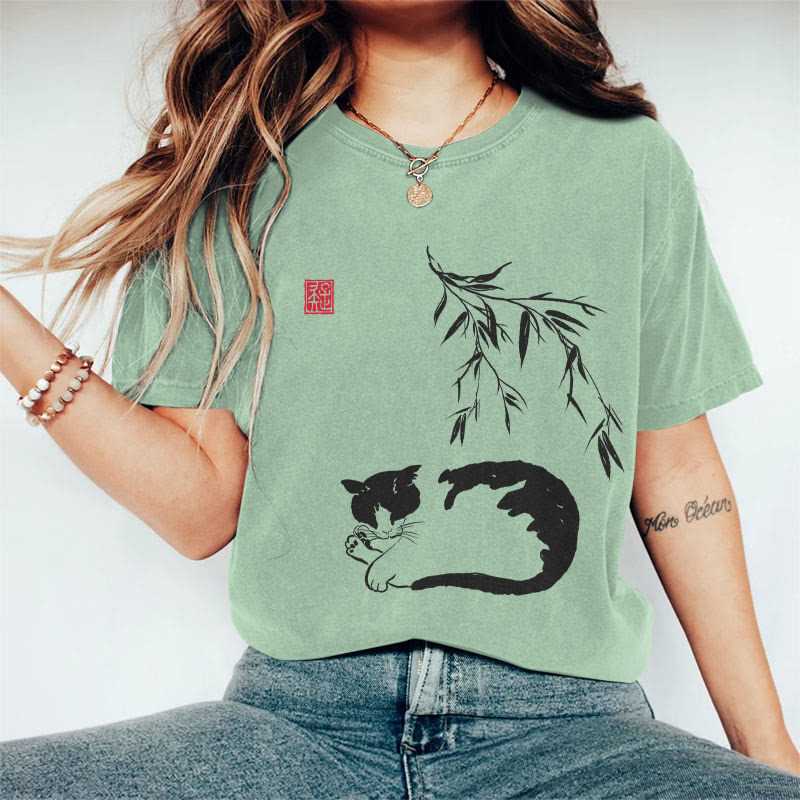 100% Cotton Women's Japanese Sleeping Cat Under Bamboo Art Print Casual T-shirt - Green - 2XL - image 5