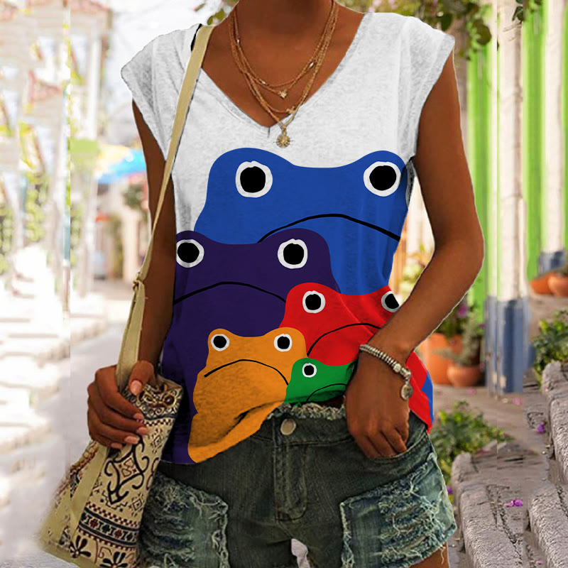 Cascading Rainbow Japanese Frog Print V-neck Tank Top - White - 5XL - image 2