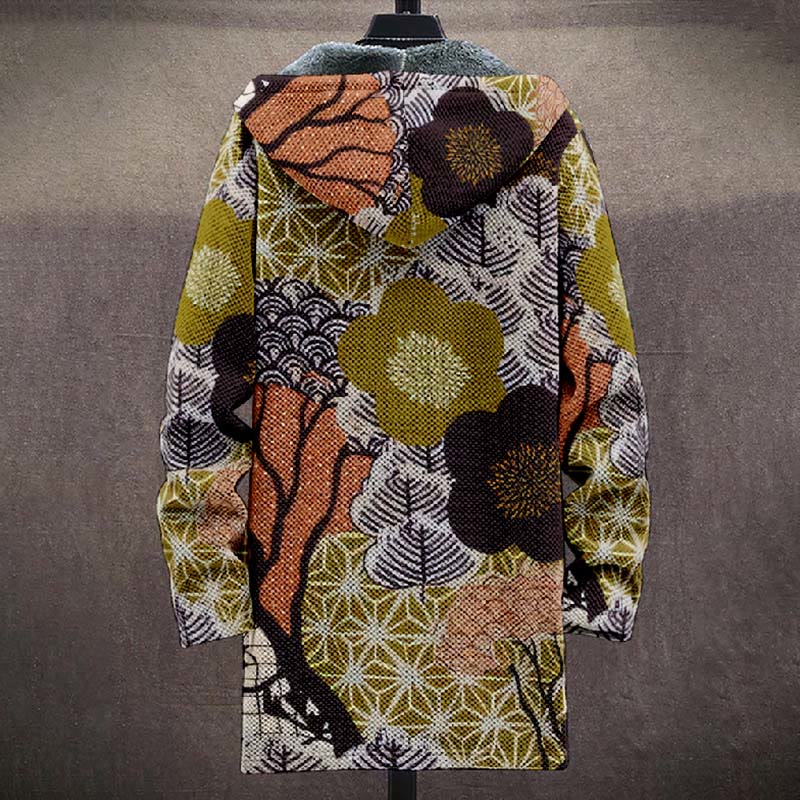 Retro Japanese Geometic Floral Pattern Print Unisex Plush Thick Long-sleeved Fleece Jacket Coat - image 3