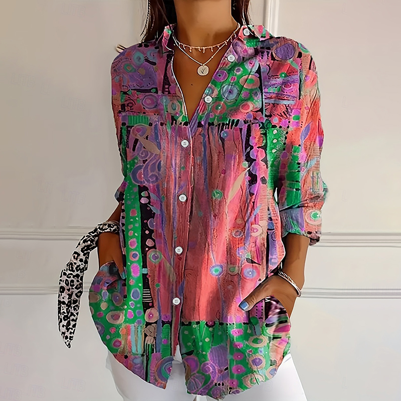 Colorful Abstract Geometry Pattern Print Long Sleeve Blouse - Pink - 4XL - image 1