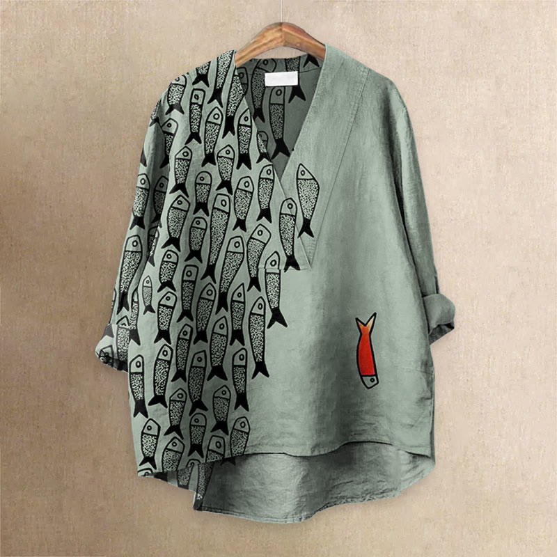 Cute Simple Lines Abstract Geometric Fish Art Printed Casual V-neck Blouse - Light Green - 6XL - image 2