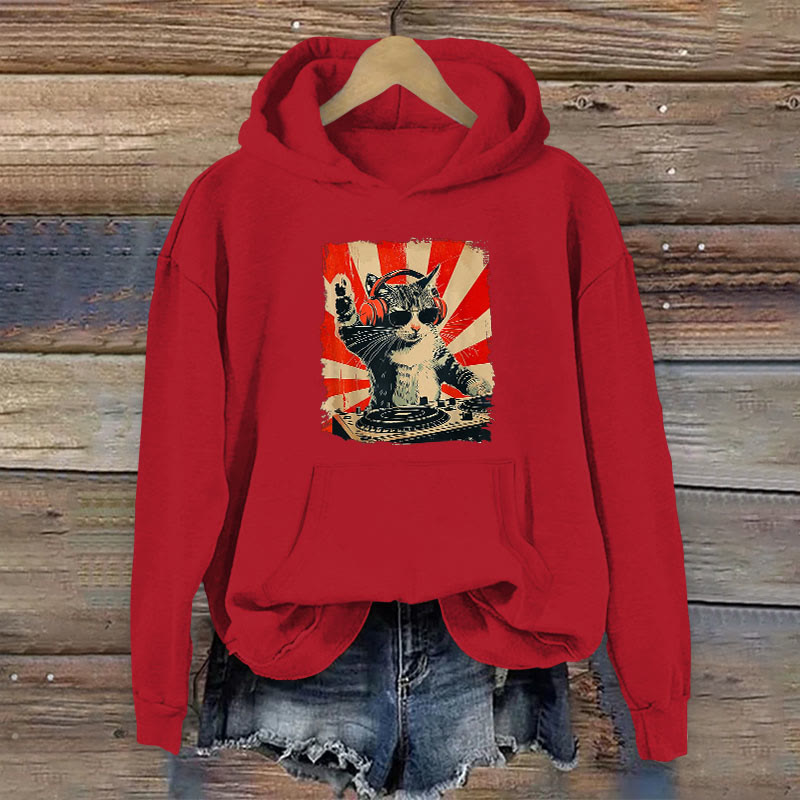 100% Cotton Dj Cat Print Women's Hoodie - Red - 2XL - image 6