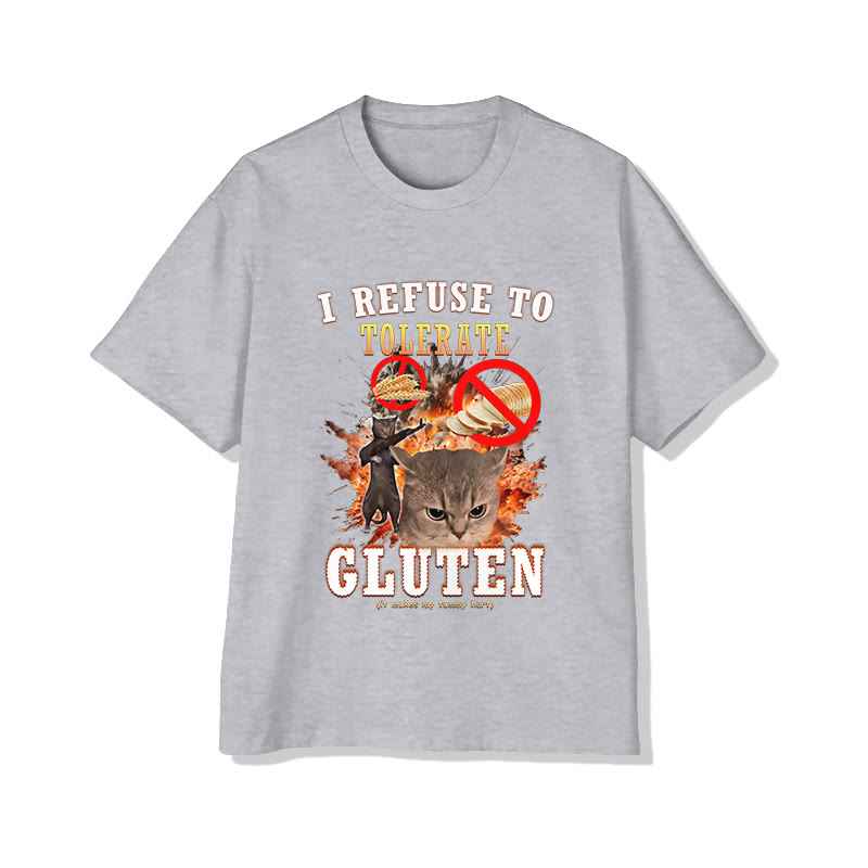 Unisex Cat "I Refuse To Tolerate Gluten" Pattern Short Sleeved Crew Neck T-Shirt - Grey - 2XL - image 4