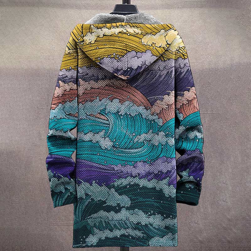 Men's Multi-color Wave Print Unisex Plush Thick Long-sleeved Fleece Jacket Coat - image 4