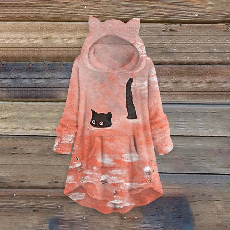 Oil Painting Cat Print Women's Kangaroo Pocket Cute Cat Ear Fuzzy Fleece Hoodie - Orange - 6XL - image 4