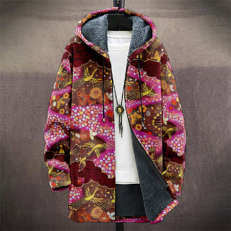 Retro Japanese Phoenix Floral Pattern Print Unisex Plush Thick Long-sleeved Fleece Jacket Coat - image 2