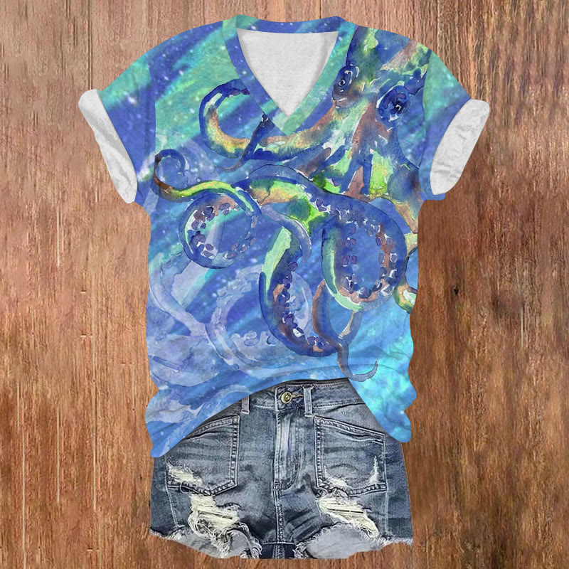 Ocean Watercolor Aurora Octopus Pattern Print Short Sleeved V-neck T-shirt - Blue - US32-34(5XL) - image 3