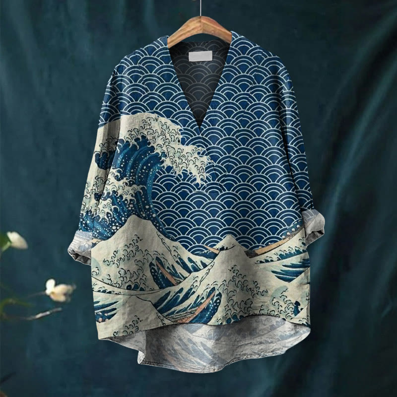 The Great Wave Off Kanagawa Inspired Japanese Art Print Casual V-neck Blouse - image 3