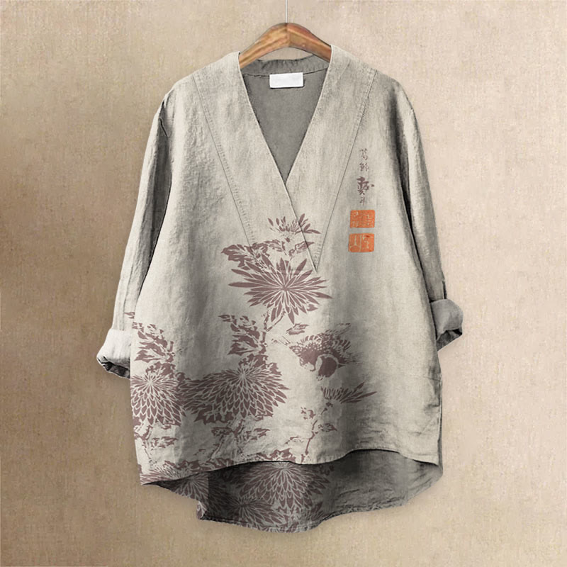 Vintage Chrysanthemum Printed Casual V-neck Blouse - Apricot - 6XL - image 4